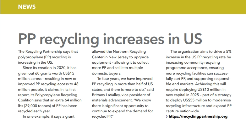 Növekszik a PP újrahasznosítása az Egyesült Államokban